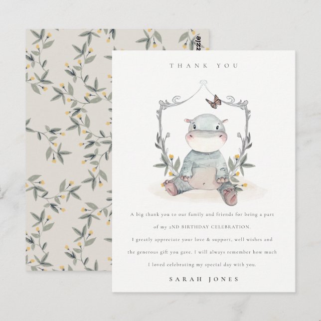 Cute Baby Hippo Foliage Any Age Birthday Thank You Postcard (Front/Back)
