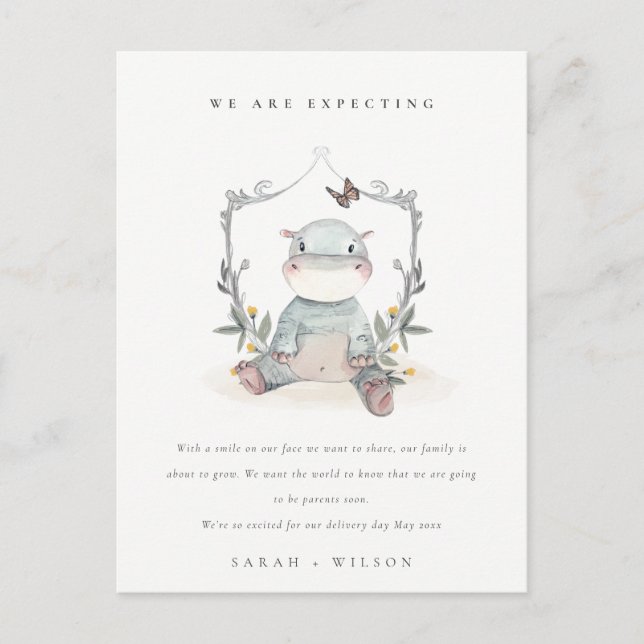 Cute Baby Hippo Foliage Balloon Baby Announcement Postcard (Front)