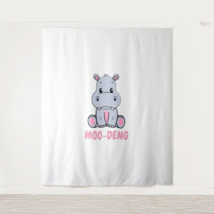 Cute Baby Hippo Moo Deng Bouncy Pig in Thai Hippop Tapestry