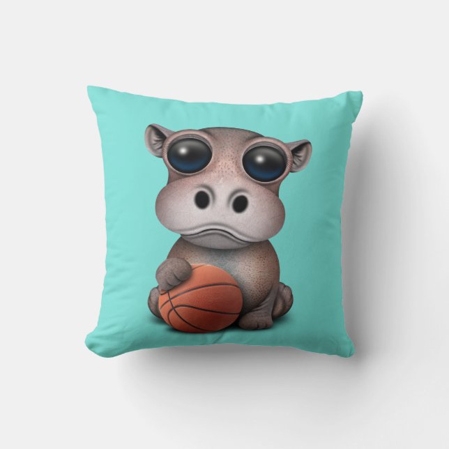 Cute Baby Hippo Playing With Basketball Cushion (Front)