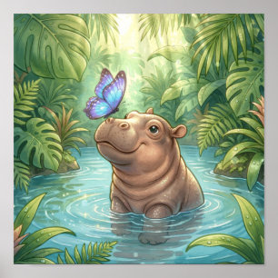 Cute Baby Hippo with Butterfly Jungle Nursery Poster