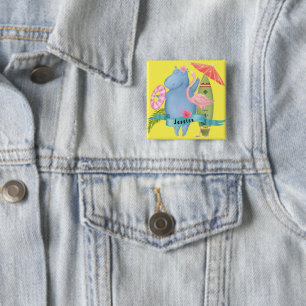 Cute Baby Hippo with Flamingo Custom Name   15 Cm Square Badge