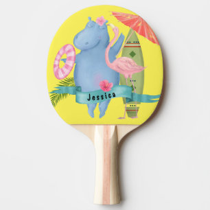 Cute Baby Hippo with Flamingo Custom Name Ping Pong Paddle