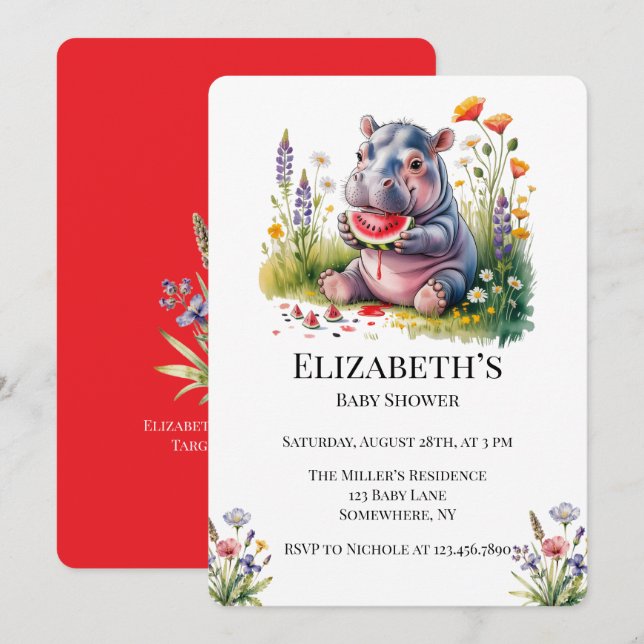 Cute Baby Hippopotamus Watermelon Baby Shower  Invitation (Front/Back)