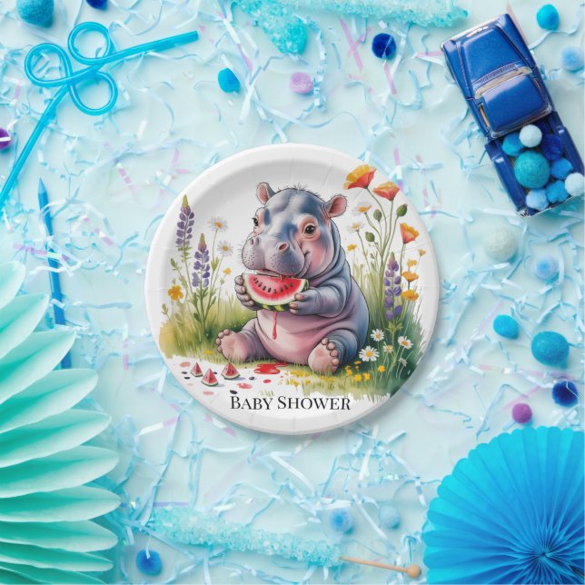 Cute Baby Hippopotamus Watermelon Baby Shower Paper Plate (Party)