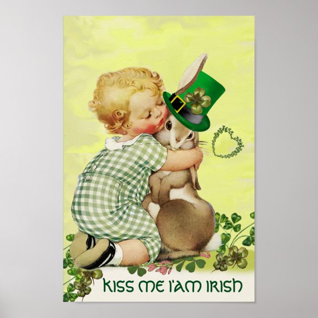 CUTE BABY HUGGING RABBIT  Irish St.Patrick's Day Poster (Front)