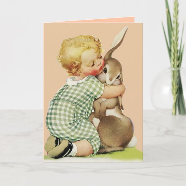 CUTE BABY HUGGING RABBIT ,Pink Birthday Holiday Card (Front)