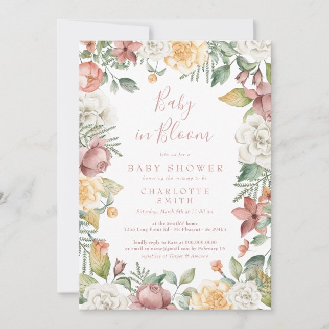 Cute Baby In Bloom Floral Girl Baby Shower Boho Invitation (Front)