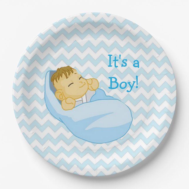 Cute Baby in Blue, "It's a Boy" Baby Shower Plate (Front)