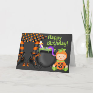 Cute Baby in Pumpkin Costume Halloween Birthday Card