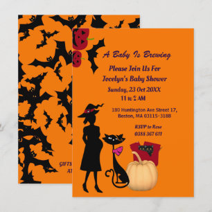 Cute Baby is Brewing Witch Pumpkin Cat Baby Shower Invitation