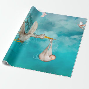 Cute baby is coming with stork wrapping paper