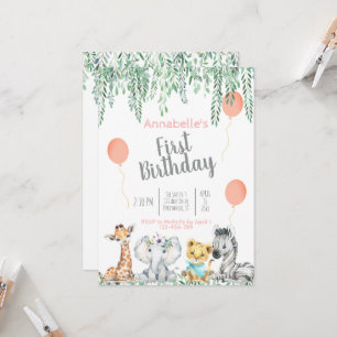 Cute Baby Jungle Animals Greenery First Birthday Invitation