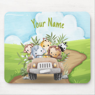 Cute Baby Jungle Animals Safari Truck Personalised Mouse Mat