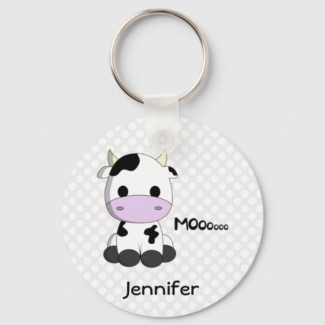 Cute baby kawaii cow cartoon with name kids key ring (Front)