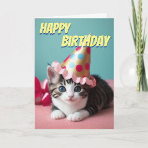 Cute Baby Kitten Party Hat Birthday Card