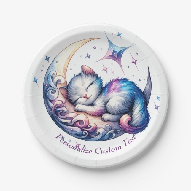 Cute Baby Kitten Sleeping on the Moon Paper Plate (Front)