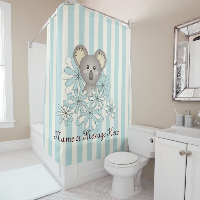 Cute Baby Koala Animal Pastel Blue Striped Kids Shower Curtain (In Situ)