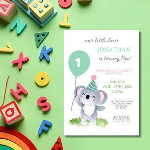 Cute Baby Koala Balloon Kids Birthday Invitation