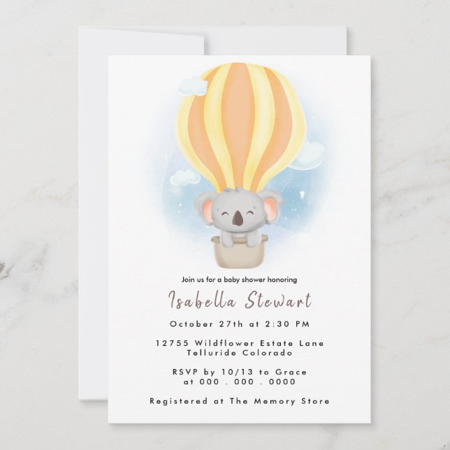 Cute Baby Koala Balloon Safari Baby Shower Invitation (Front)