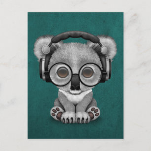 Cute Baby Koala Bear Dj Wearing Headphones on Blue Postcard