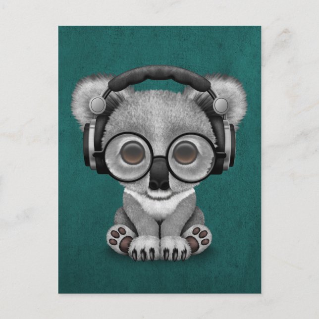 Cute Baby Koala Bear Dj Wearing Headphones on Blue Postcard (Front)