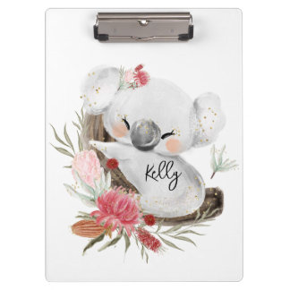 Cute Baby Koala Gold Speckle Custom Name Clipboard