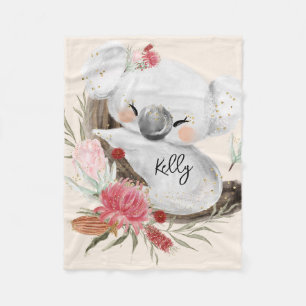 Cute Baby Koala Gold Speckle Custom Name     Fleece Blanket