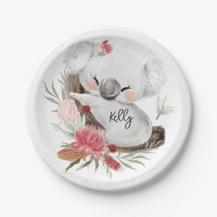 Cute Baby Koala Gold Speckle Custom Name Paper Plate