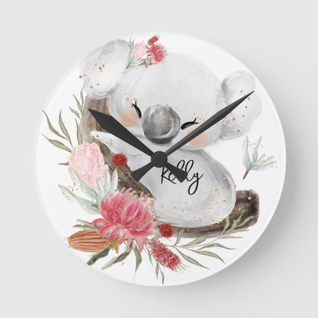 Cute Baby Koala Gold Speckle Custom Name   Round Clock (Front)