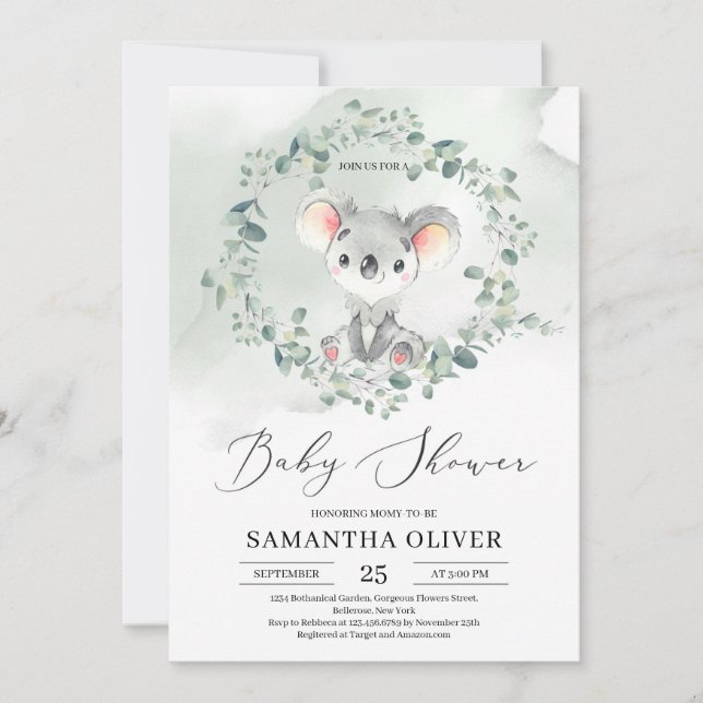 Cute baby koala green eucalyptus Baby Shower Invitation (Front)