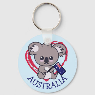 Cute baby koala holding Aussie flag & heart Key Ring