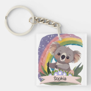 Cute Baby Koala Rainbow Custom Name Key Ring