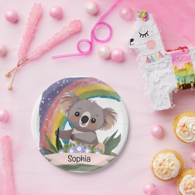 Cute Baby Koala Rainbow Custom Name Paper Plate (Party)