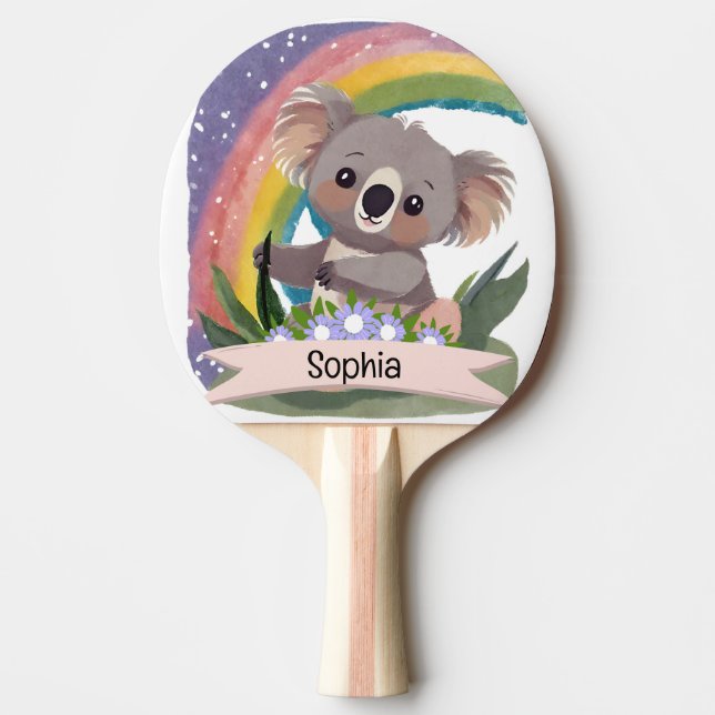 Cute Baby Koala Rainbow Custom Name Ping Pong Paddle (Front)