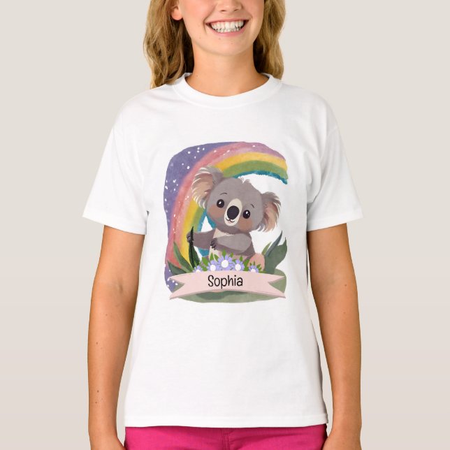 Cute Baby Koala Rainbow Custom Name T-Shirt (Front)