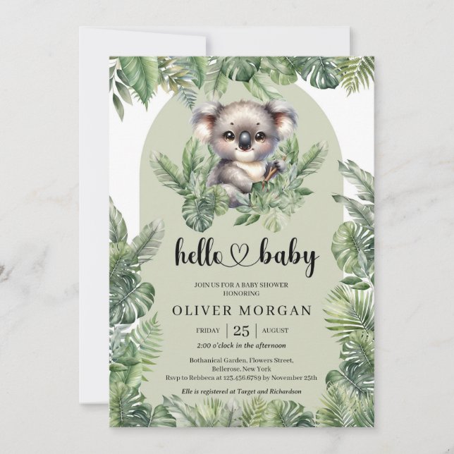 Cute baby koala Watercolor tropical greenery  Invitation (Front)