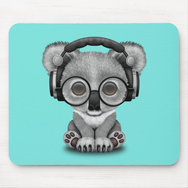Cute Baby Koala Wearing Headphones Mouse Mat (Front)