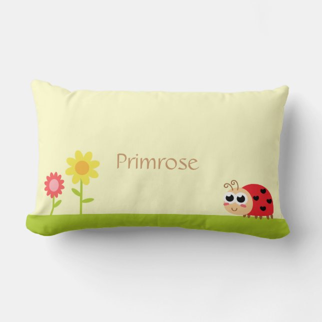 Cute Baby Ladybug with heart spots in a garden Lumbar Cushion (Front)