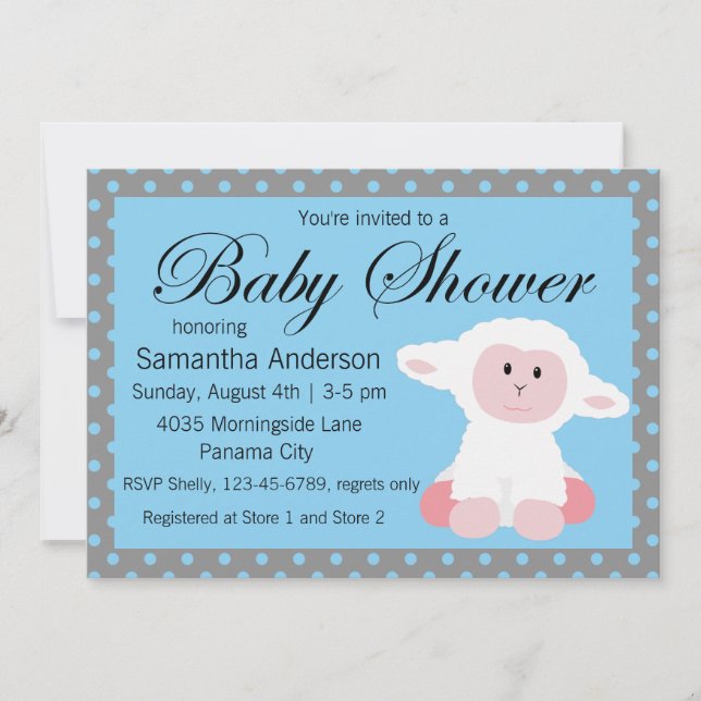 Cute Baby Lamb and Polka Dots Baby Shower Invitation (Front)