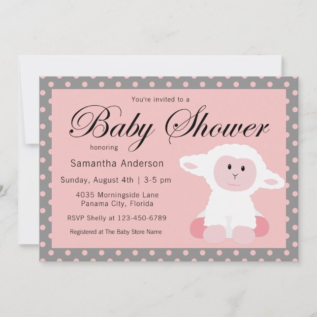 Cute Baby Lamb and Polka Dots Baby Shower Invitation (Front)