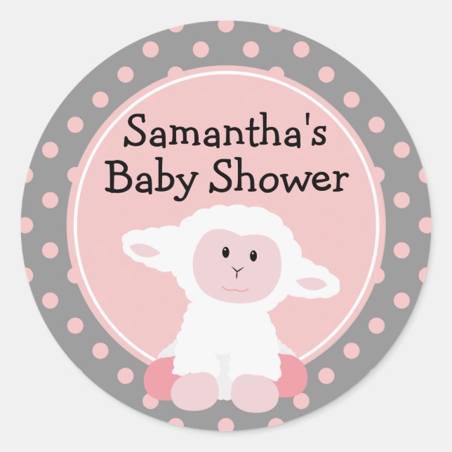 Cute Baby Lamb and Polka Dots Personalised Classic Round Sticker (Front)