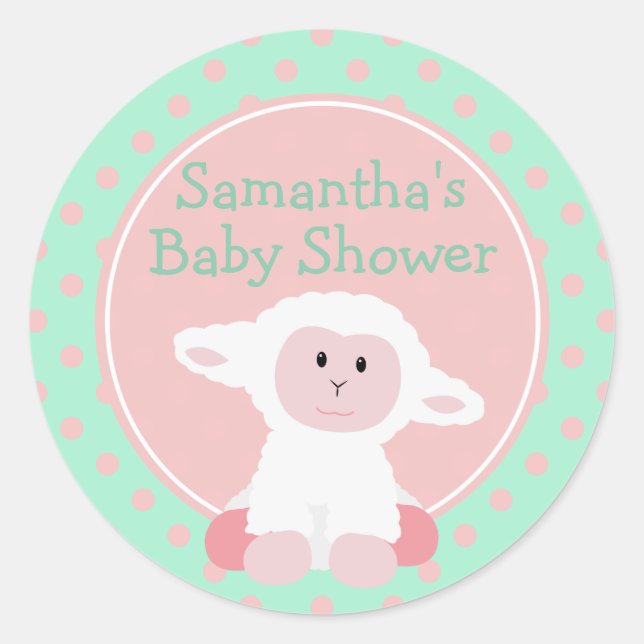 Cute Baby Lamb and Polka Dots Personalised Classic Round Sticker (Front)