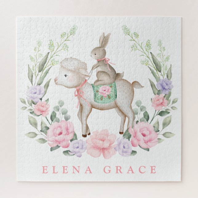 Cute Baby Lamb & Bunny Floral Greenery Easter Gift Jigsaw Puzzle (Vertical)