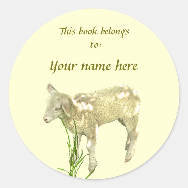 Cute Baby Lamb on Yellow Bookplate Classic Round Sticker (Front)