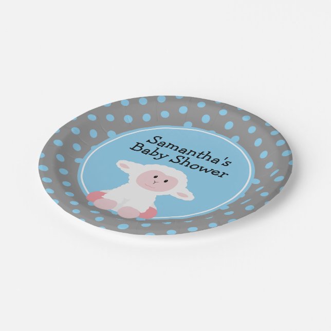 Cute Baby Lamb with Polka Dots Baby Shower Paper Plate (Angled)