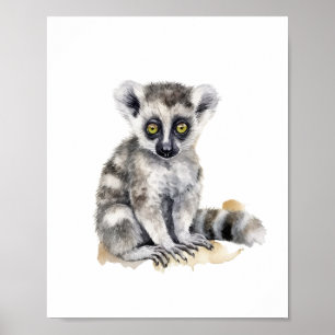 Cute baby lemur watercolor poster