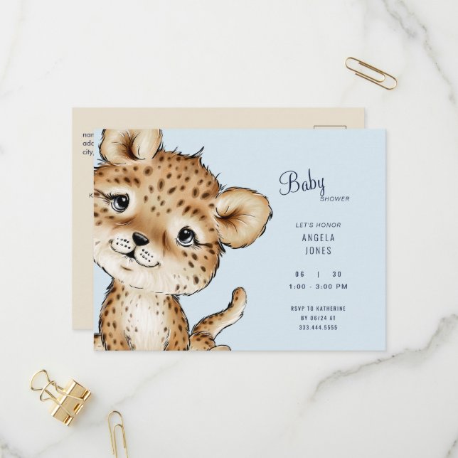 Cute Baby Leopard Baby Shower  Invitation Postcard (Front/Back In Situ)