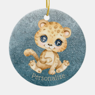 Cute Baby Leopard Blue Glitter Personalise Ceramic Tree Decoration