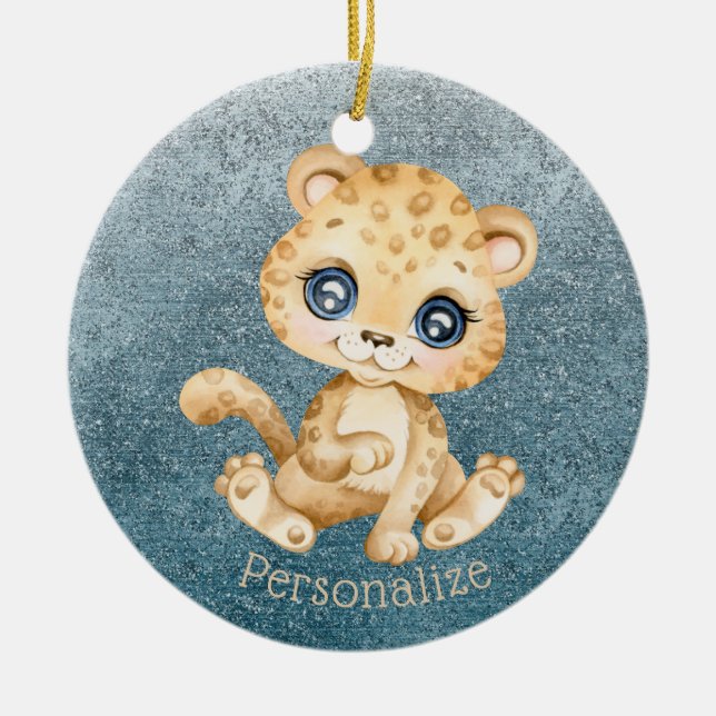 Cute Baby Leopard Blue Glitter Personalise Ceramic Tree Decoration (Front)